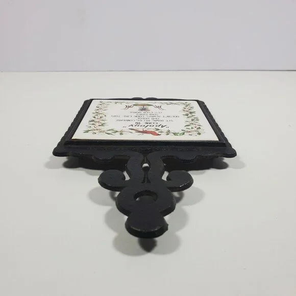 MCM Cast Metal Ceramic Tile Wall Plaque Trivet Vintage Apology Birds Flowers - Picture 10 of 14